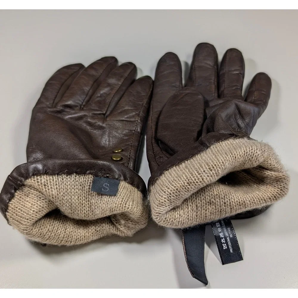 Milli‎ Smith Brown Leather Cashmere Lined Studded Gloves Womens Size Small S
